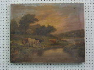 19th Century oil on canvas "Cattle Watering" 16" x 20" indistinctly signed