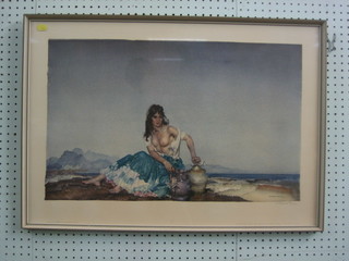Sir William Russell Flint, a signed coloured print from the Medici Society "Semi Naked Lady in Spanish Dress" with blind proof stamp, signed to the margin (newspaper clip relating to the model, attached to the reverse) 15" x 25"