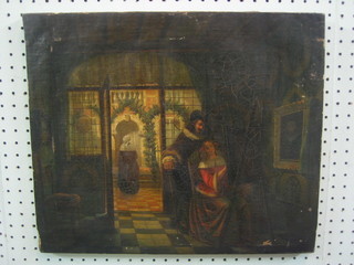 Old Master oil painting on canvas, Dutch School "Interior Scene, The Painting Lesson" 14" x 17" 