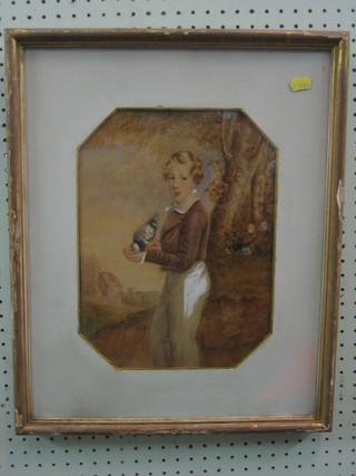 19th Century watercolour, quarter length portrait of "Standing Boy with Pigeon" 13" x 9 1/2"