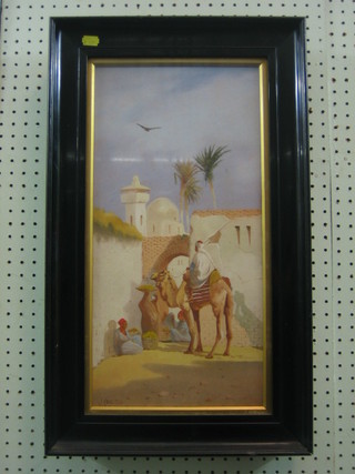 J Coulson, oil on canvas "Egyptian Scene with Camel, Figures, Mosque in Distance" 20" x 10"