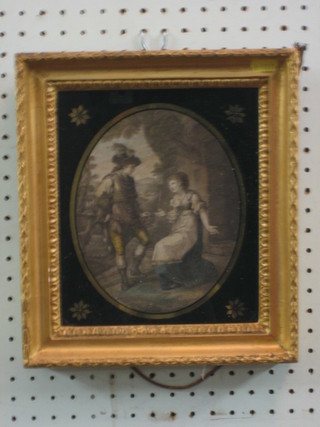 A Bartolozzi style coloured print "Seated Lady with Gentleman" 7" oval contained in a gilt frame
