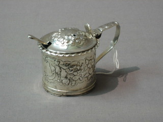 A William IV circular embossed silver mustard pot, London 1837 (holes and marks rubbed) with blue glass liner 3 ozs