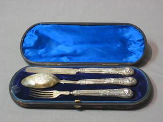 A Victorian silver 3 piece Queens Pattern christening set comprising knife, fork and spoon, Birmingham 1882, cased