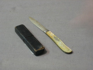 A Victorian silver folding fruit knife with carved mother of pearl grip, Sheffield 1871 complete with travelling case