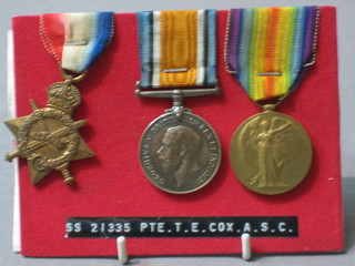 A group of 3 medals comprising 1914-15 Star, British War medal and Victory medal to SS-21355 Pte. T E Cox, Army Service Corps
