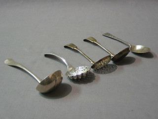 A silver Old English rat tail pattern sauce ladle, a silver fiddle pattern sauce ladle, a silver fiddle pattern sifter spoon, a silver sifter spoon and a silver teaspoon, 8 ozs