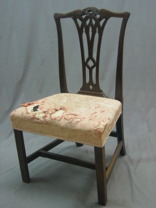 A set of 4 19th Century Chippendale style mahogany vase shaped slat back dining chairs and upholstered seats, raised on square tapering supports