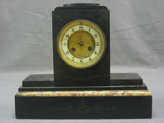 A French 19th Century 8 day striking mantel clock with enamelled dial and Roman numerals contained in a black and pink marble case