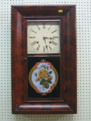 An American Waterbury 30 hour wall clock with square painted dial and Roman numerals contained in a mahogany case