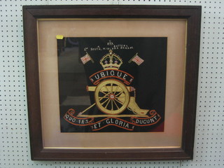 A military stitch work picture  decorated The badge of A Battery Royal Field Artillery Territorials South Midland Brigade 15" x 16", contained in an oak frame