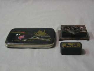 A  19th Century French lacquered snuff box 2", an Art Nouveau metal stamp box 3" and an Eastern lacquered cigarette case
