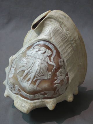 A large carved shell decorated The Three Graces converted as a table lamp shade 7"