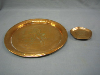A circular embossed copper Johnnie Walker whisky advertising tray 13" and a copper Teacher's Whisky ashtray 5"