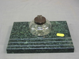 An Art Deco brass and serpentine inkwell 8"