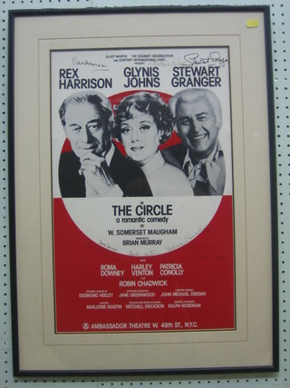 A theatre poster for "In The Circle" a romantic comedy by W Somerset Maughan performed at the Ambassador Theatre, West 49 St, New York City, signed by Rex Harrison, Glynis Johns and Stewart Granger and other signatures 22" x 30"