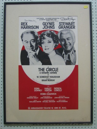 A framed theatre poster for W Somerset Maugham's "In The Circle" performed at the Ambassador Theatre, West 49 St, New York City, signed by Rex Harrison, Glynis Johns and Stewart Granger and others 22" x 13"