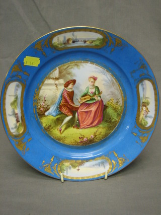 A 19th Century Sevres blue ground porcelain plate, the centre decorated a romantic scene having 4 panels to the rim, the reverse with Sevres cypher marked Chateau/au, marked 9 1/2"