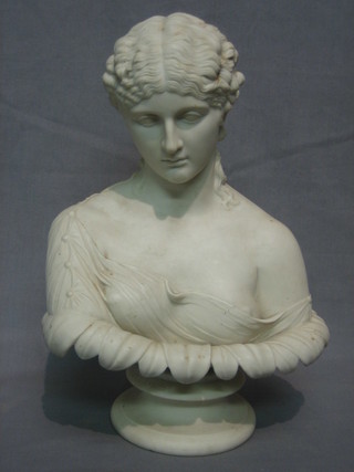 A 19th Century Parian head and shoulders portrait bust of a  young girl after C Celreon Red, the base marked Arts Union of London 14"