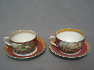 A pair of 19th Century Prattware cups and saucers (1 cup cracked)