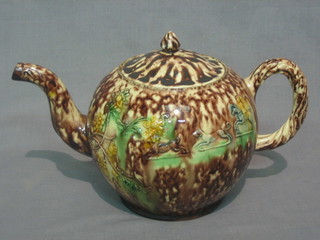 An 18th Century Wealdon  teapot decorated hunting scene (lid f and r) 6"