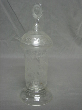 A 19th Century etched glass jar and cover decorated a hunting scene 13"
