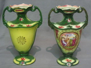 A pair of Edwardian Art Nouveau Royal Blenheim ware pottery twin handled vases decorated classical figures 12"