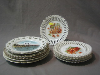 A pair of German porcelain ribbon ware plates decorated Southend on Sea 7 1/2", a pair with floral decoration 9", 1 other pair decorated dogs 9" and 5 other ribbonware plates