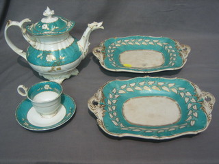 A 19th Century Rockingham style 11 piece tea service with teapot (f and r), 2 rectangular serving plates (crazed), 4 cups and 4 saucers (f and r), the bases marked Imperial Ironstone China