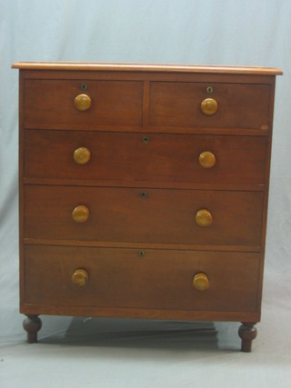 A pair of Victorian mahogany rectangular chests of 2 short and 3 long drawers with tore handles, raised on bun feet 36"