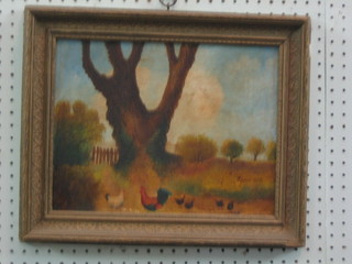 Impressionist oil painting on board  "Study of a Tree and Chickens" 10" x 13"