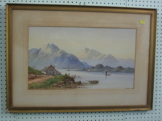 E L Herring, watercolour drawing "Mountain Lake Scene with Figures Fishing" signed and dated 1878 11" x 19"