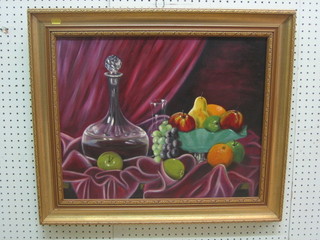 M A Cole, oil on canvas, still life study "Decanter and an Arrangement of Fruit" 17" x 21"