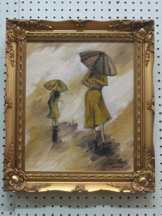 Corneilaus Anderson, oil on canvas "Lady with Umbrella" 12" x  9"