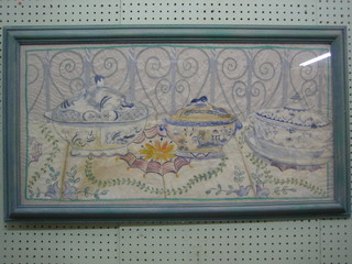 P Quested, watercolour on "rice paper", "Study of Three Blue and White Tureens" 16" x 31" indistinctly signed