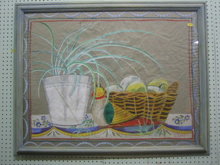 P Quested, watercolour, still life study "A Model of a Bird, Basket of Fruit and a Plant" 16" x 31"