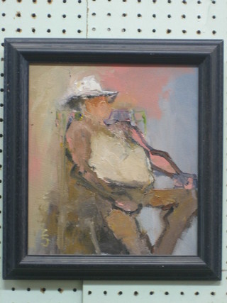 Alistair E Jones, impressionist oil painting on board, "Snoozing Gentleman" 9" x 8"