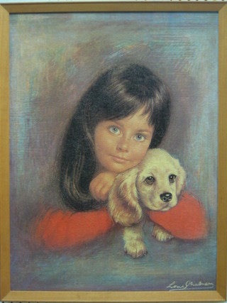 A coloured print "Girl with Dog" 3" x 17"