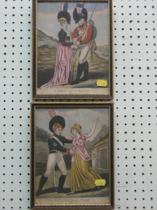 J Hinton, a pair of 18th/19th Century coloured prints "Going To Camp and Return from Camp" 8 1/2" x 6 1/2"