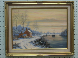 Laurence Davidson, oil on board "Snowy Scene with River, Farm House and Figure Walking" 11" x 15"
