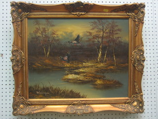 Wallinger, oil on canvas "Two Mallard Ducks in Flight" 15" x 19" in decorative gilt frame