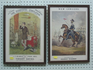 4 reproduction advertising posters for composers and singers "The New Lancers, The Scientific Simpleton, The Gay Photographer and The Telegraph" 14" x 10" all contained in oak frames