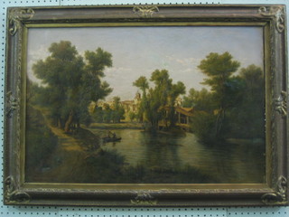 E M Hostein 1879, oil on canvas "Cantelnau, River Scene with Buildings and Figures in Rowing Boat" signed and dated 1879 18" x 28"