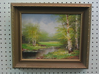 20th Century oil on canvas "River and Trees" 7" x 9 1/2"