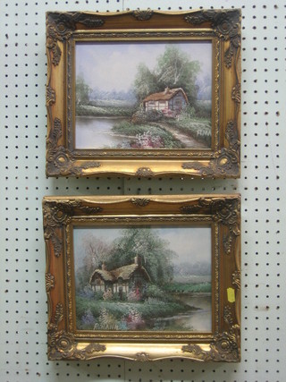 R Mann, a pair of oil paintings on canvas, "Country Cottages" 7" x 9" contained in decorative gilt frames