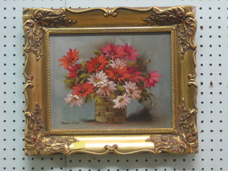 Robert Cox, oil on canvas, still life study, "Basket of Chrysanthemums" 7" x 9"