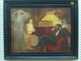 A Victorian sentimental coloured print "Drawing Room Scene - Lady Playing Piano with Ghost" 13" x 18"
