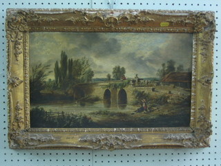 An 18th/19th Century oil painting on canvas "Figures Driving A Cart Over a Bridge" 11" x 18" contained in a gilt frame