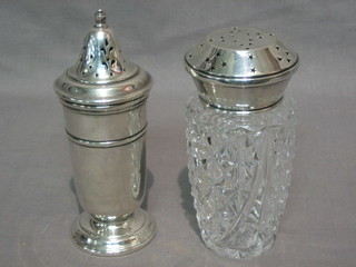 A cut glass sugar sifter with silver plated pourer and a silver plated ditto
