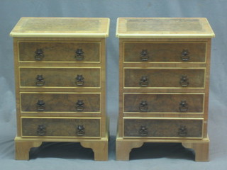 A pair of 20th Century Queen Anne style bleached walnut chests with crossbanded tops, fitted 4 long drawers, raised on bracket feet 17"